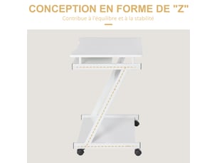 Bureau informatique roulant - bureau mobile - table d'ordinateur - blanc - tablette coulissante clavier + étagère