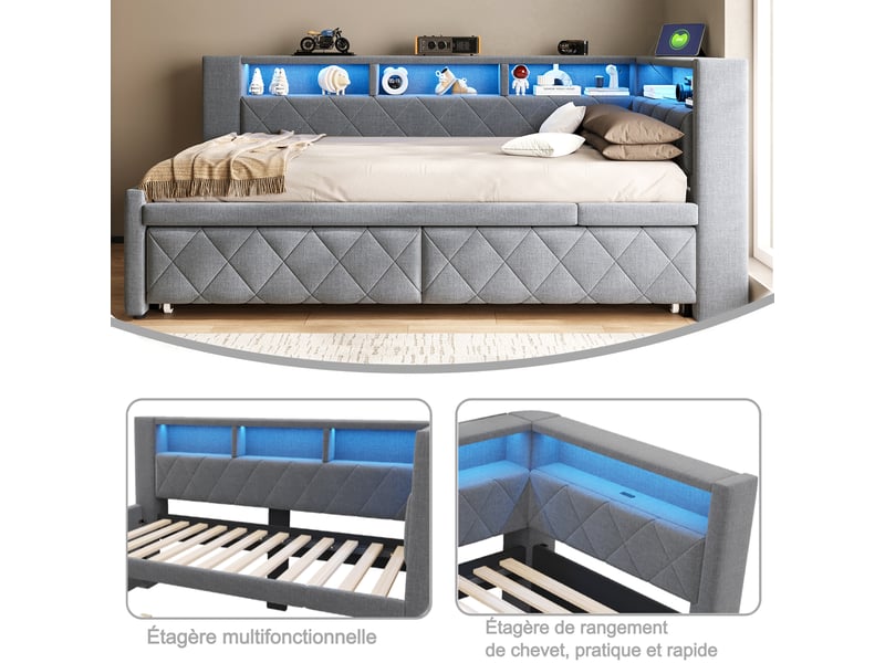  Canapé-lit 90 × 200 cm 180 × 200 cm – avec lit gigogne – éclairage led inclus – prise électrique incluse – revêtement en lin – gris (matelas non inclus)  - Conforama R
