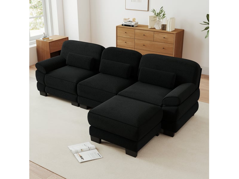  Canapé modulable tcqpz 3 places en l avec pouf velours côtelé noir 265 x 161 x 94 cm  - Conforama E