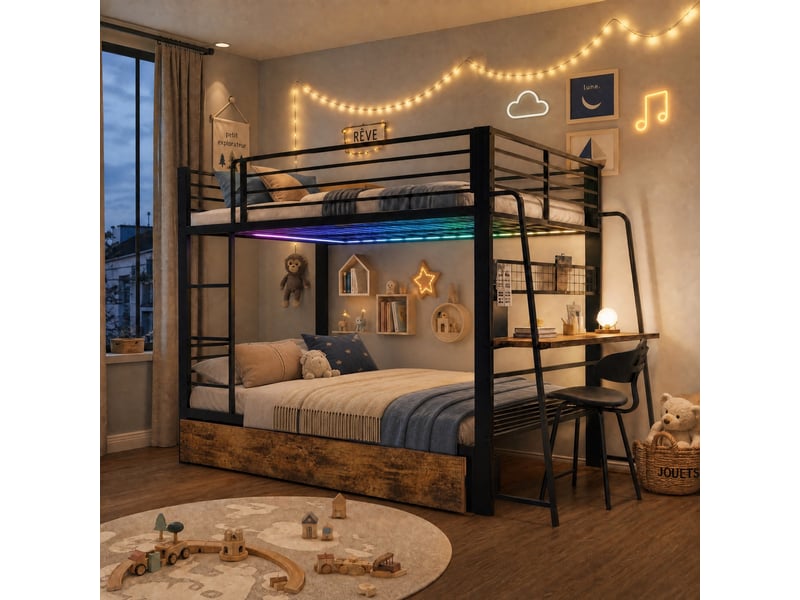  Lit superposé métal 2 x 140 x 200 cm avec bureau, led rgb, prise eu, usb et type-c, 2 tiroirs, garde-corps, noir  - Conforama D