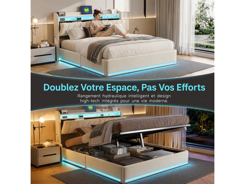  Lit coffre 160x200 cm avec led et usb,lit double rembourré , rangement de tête de lit ,hydraulique, velours, beige  - Conforama D