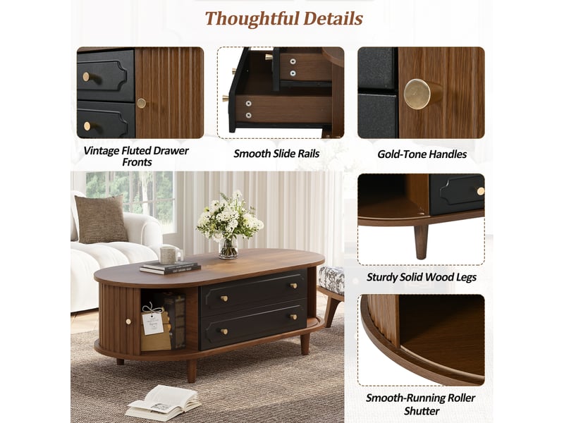 Table basse 100x50x36 cm, noyer et noir, 2 tiroirs, 2 portes à enroulement - Conforama D