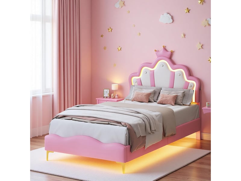 Lit jeune fille 140x200 cm cadre de lit rembourré simili cuir pu, tête de lit couronnée réglable, éclairage led rgb tête + sous lit, lit princesse pour chambre enfant - Conforama B