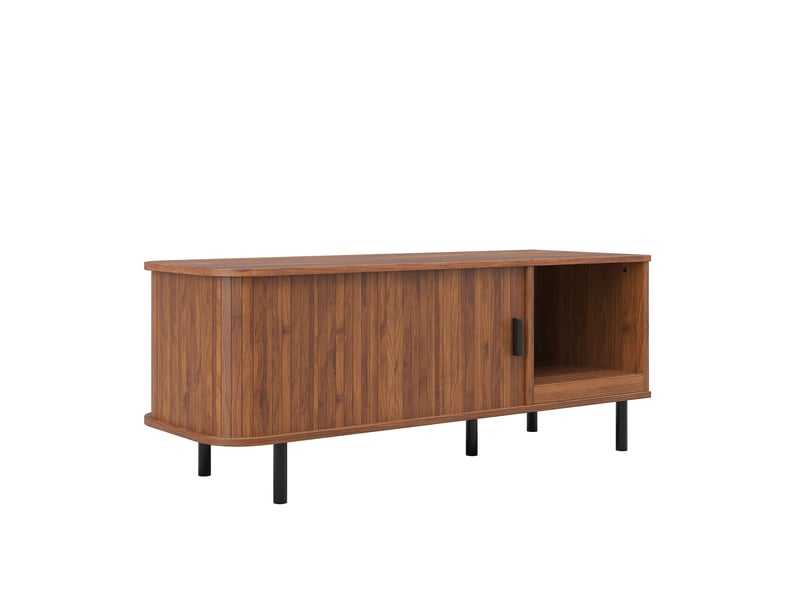  Table basse avec porte coulissante, table de salon moderne avec rangement, table d'appoint rectangulaire à lattes, table de chevet avec compartiment de rangement ouvert pour le salon  - Conforama D
