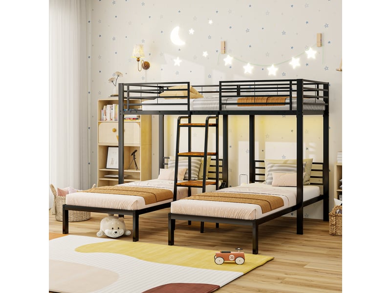  Lit triple en l 90 × 200 cm métal noir, échelle et étagères IKSETERA TRADING LTD - Conforama D