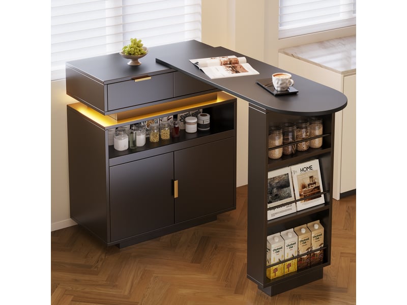  Ilot central cuisine extensible avec rangement, table de bar pivotante à 360° avec éclairage led, meuble de cuisine en bois mdf, noir  - Conforama E
