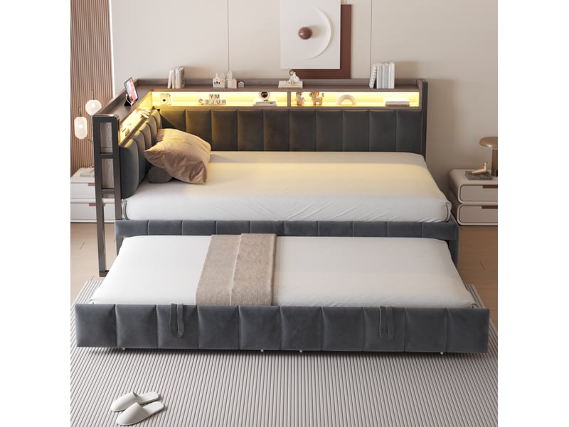 Lit gigogne 90 x 200 cm gris foncé en velours, couchage d'appoint avec led et ports usb type-c intégrés - Conforama B
