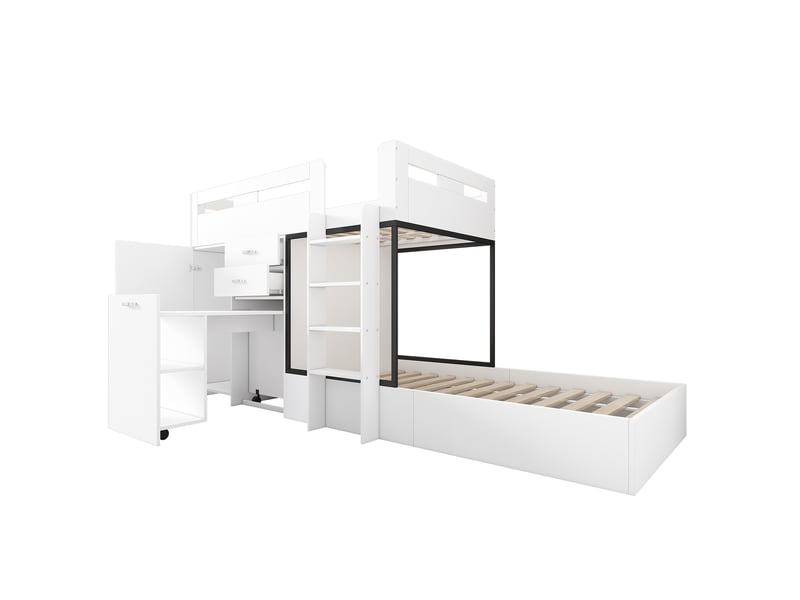 Lit superposés 90×200 cm avec bureau coulissant et penderie, lit enfant avec tiroir, étagères et échelles, lit 2 personnes en blanc - Conforama B