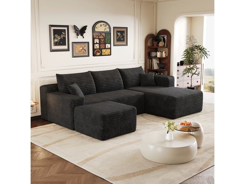  Canapé d’angle noir 4 places en tissu côtelé, 241 cm, assise profonde avec méridienne, mousse haute élasticité, sans montage  - Conforama D
