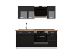 Vicco cuisine, noir haute brillanceblanc, 180cm plan de travail chêne doré