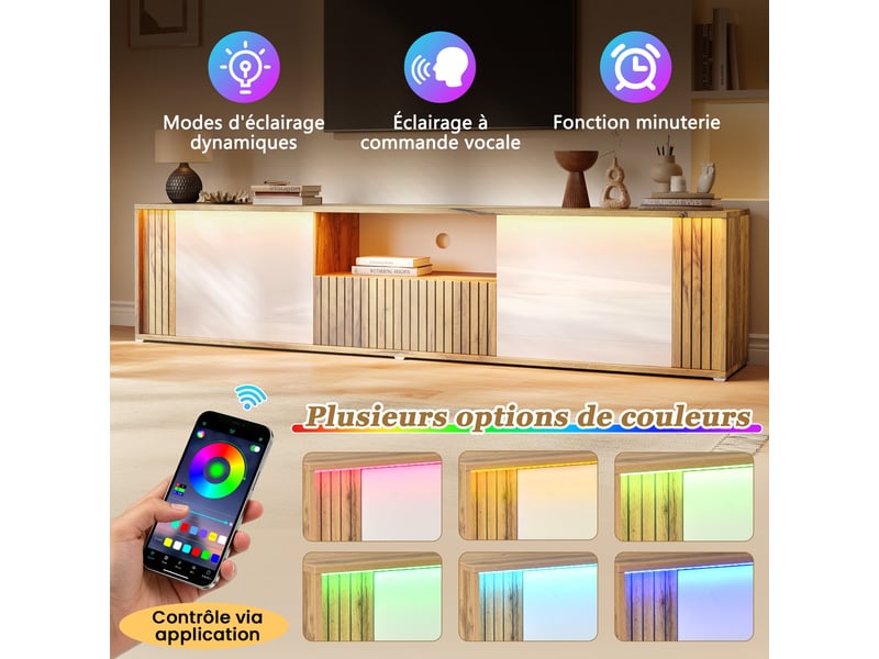  Meuble tv, avec éclairage led, rangement, aspect bois, 2 portes, 1 tiroir, blanc‑bois, 180x40x51 cm  - Conforama E
