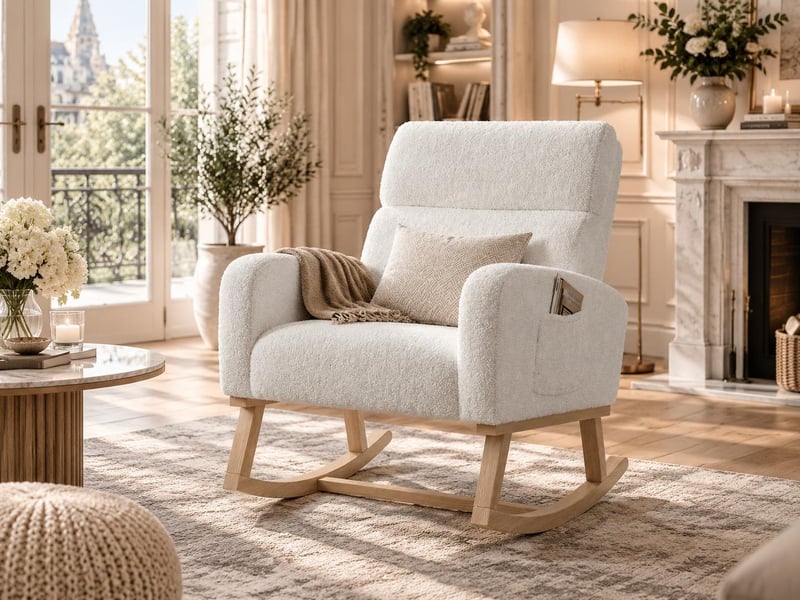  Fauteuil à bascule rembourré – fauteuil à bascule moderne – larges accoudoirs avec poches – assise spacieuse – peluche ours en peluche blanche  - Conforama B