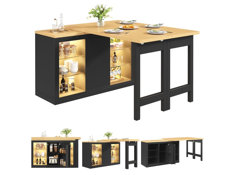 Table de salle à manger avec plateau rotatif extensible et éclairage led - pour cuisine - en mdf - 120×40×72 cm - noir - Conforama A