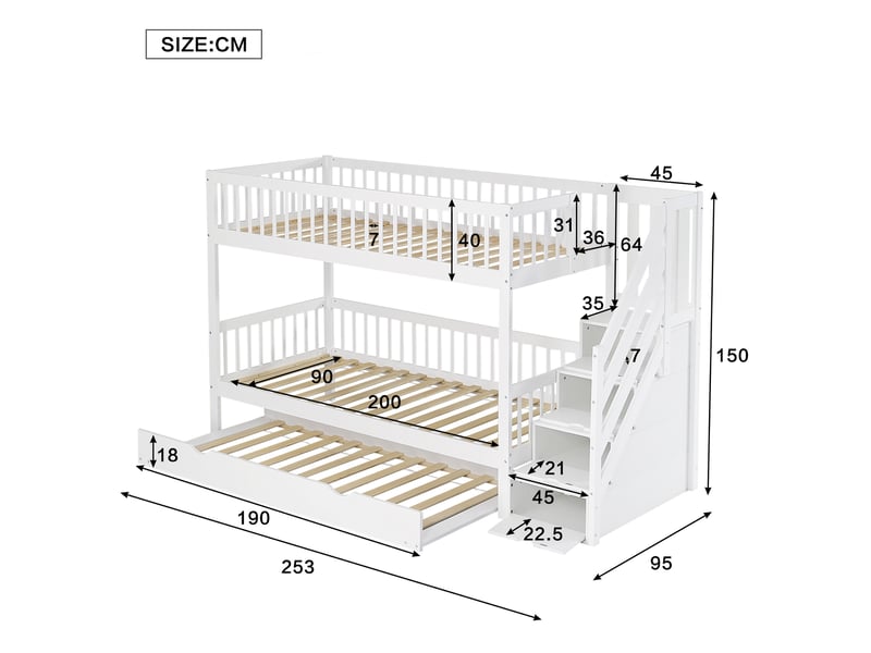  Lit superposé 3 places 90×200 cm et 90×190 cm, barrière et rangement  - sans matelas, pin et mdf blanc  - Conforama D