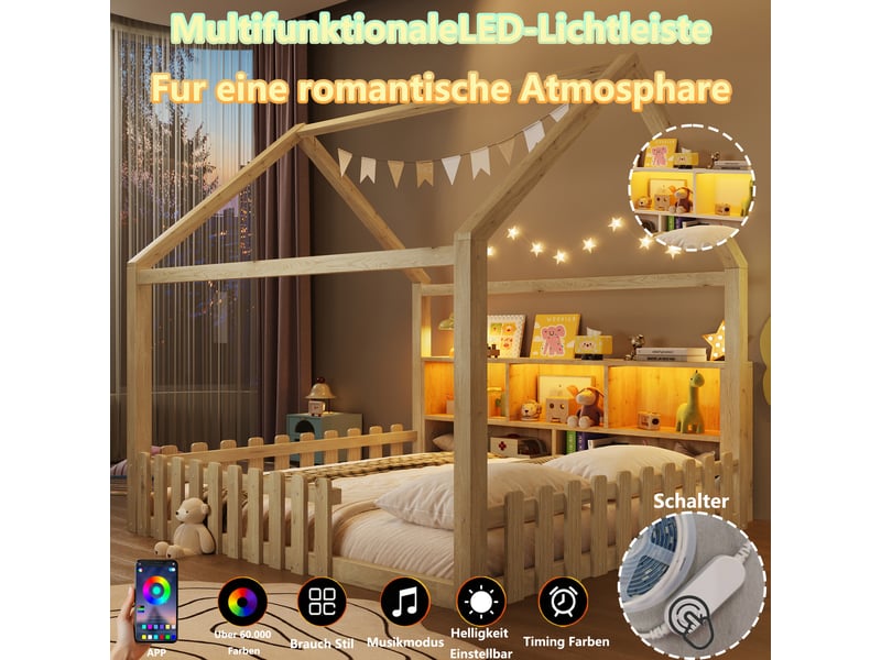  Lit cabane 140x190 cm en pin naturel, barrières, tête de lit avec niches ouvertes, éclairage led, sans matelas  - Conforama D