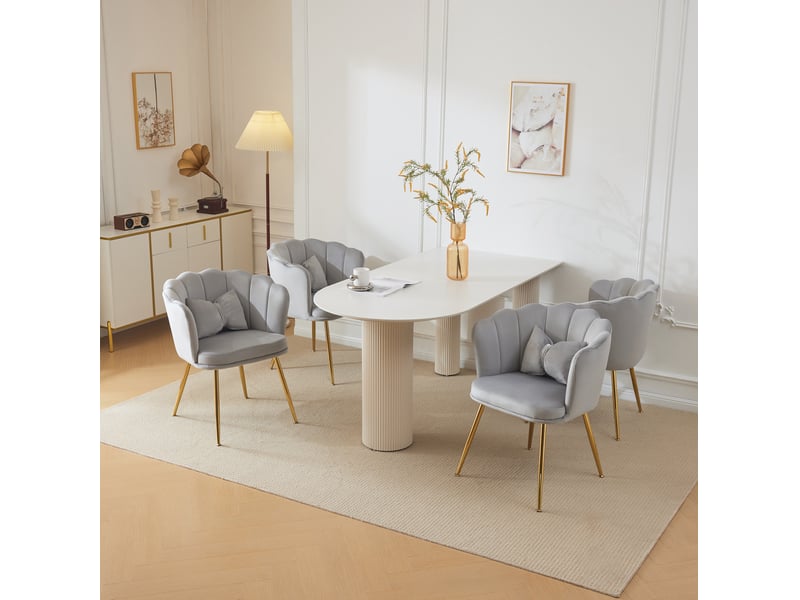  Chaise rembourrée tcqpz lot de 4 en velours gris 63 x 58 x 77 cm dossier pétale pieds en métal doré  - Conforama B