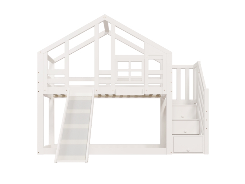  Lit superposé 90x200 cm, lit cabane avec fenêtre, escalier et toboggan, protection antichute, blanc, sans matelas  - Conforama E