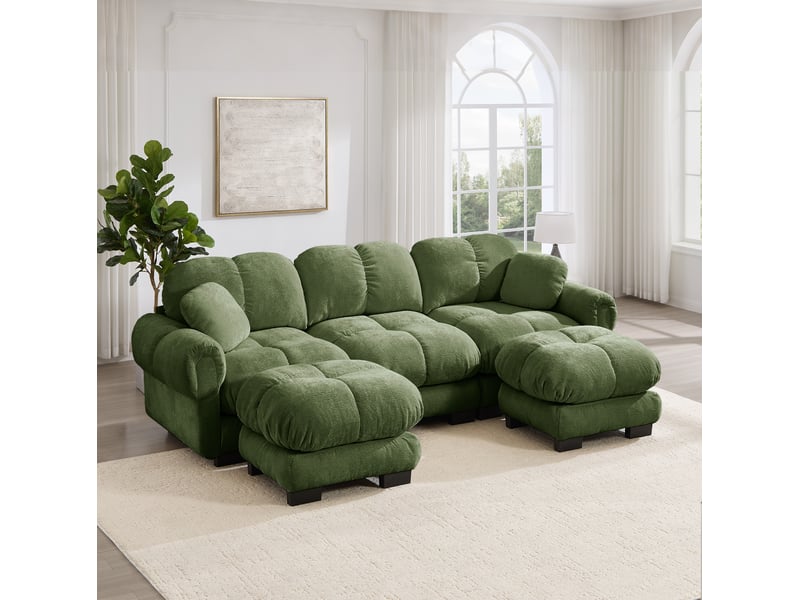 Canapé en u modenvie 3 places en chenille vert avec ottomane mobile et 2 coussins décoratifs, 260 x 149 x 90 cm - Conforama D