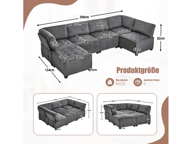  Canapé modulable modenvie 6 places en velours côtelé gris 308 x 154 x 81,99 cm  - Conforama C