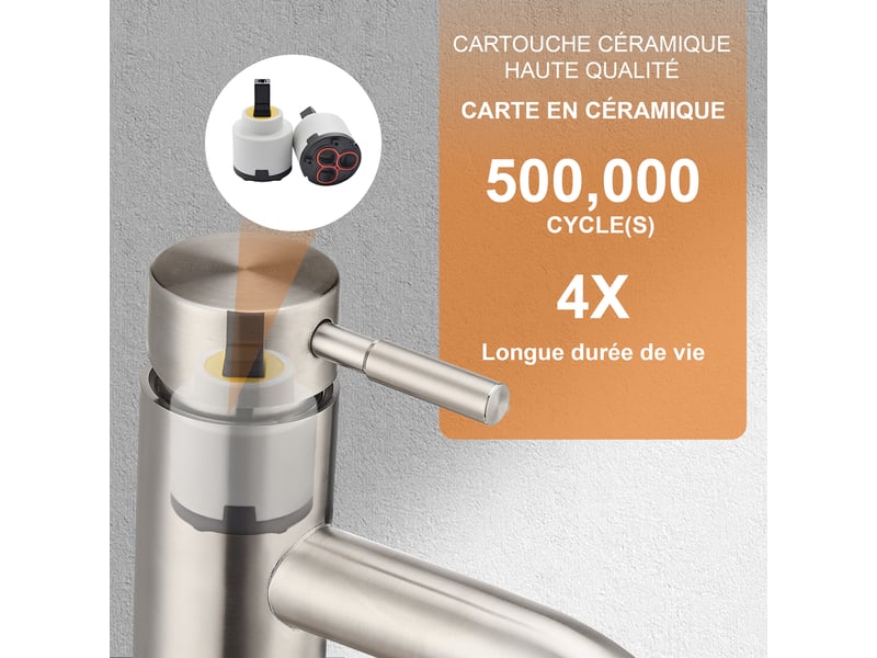 Mitigeur de lavabo - 17.5 x 16 cm gris - robinet de salle de bain monotrou en acier inoxydable avec cartouche ceramique  - Conforama E
