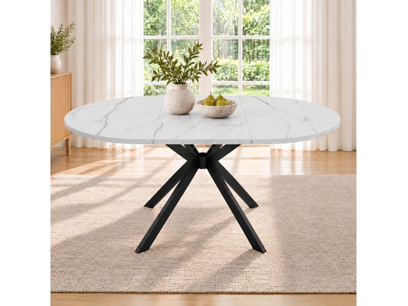  Table extensible pour 4 à 6 personnes avec rallonge, plateau rond ou ovale, pieds en métal, blanc pour salle à manger  - Conforama B