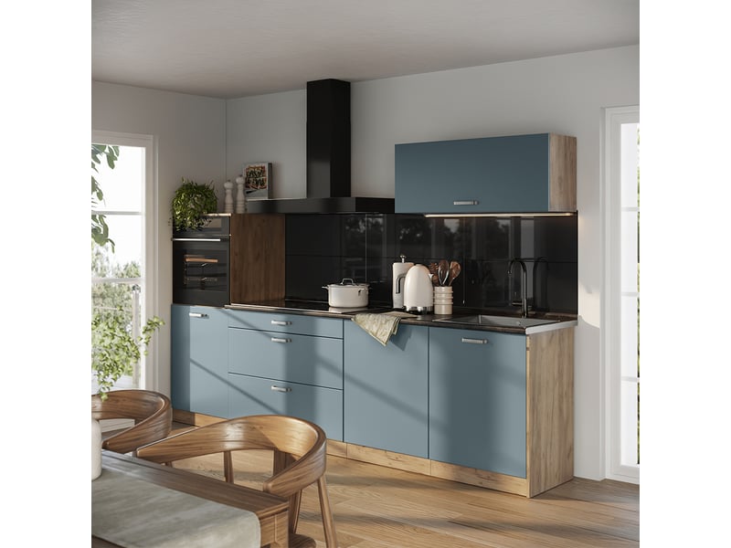  Vicco cuisine, bleu-grischêne doré, 280cm plan de travail anthracite  - Conforama C