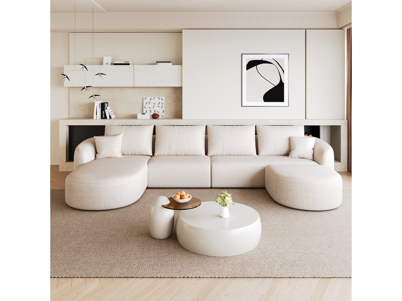 Canapé d'angle en u blanc 336 cm, canapé modulable mousse compressée sans armature, sans montage pour salon - Conforama W