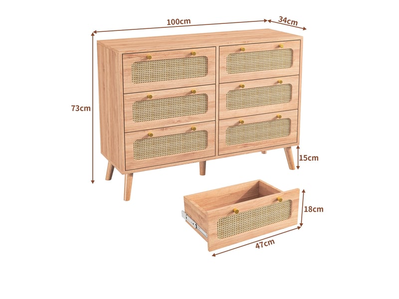  Commode 100 cm effet rotin, 6 tiroirs, commode chambre, meuble de rangement, style scandinave, chêne clair  - Conforama E