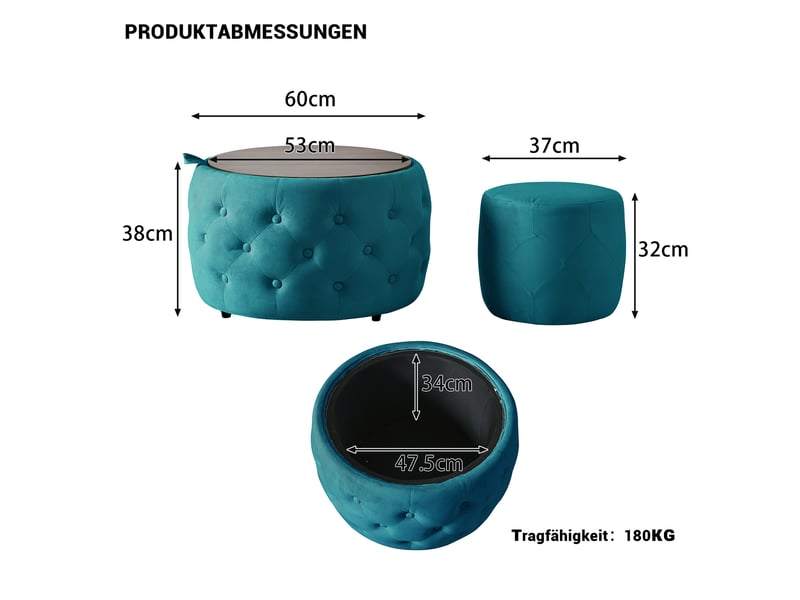  Lot de 2 poufs gigognes en velours, bleu, rangement et plateau bois 4-en-1  - Conforama C