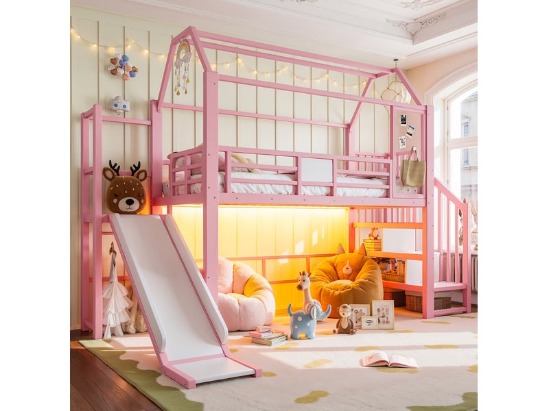 Lit mezzanine enfant 90 × 200 cm 1 place avec toboggan, escalier à rangements et led bluetooth, sans matelas, rose  - Conforama C