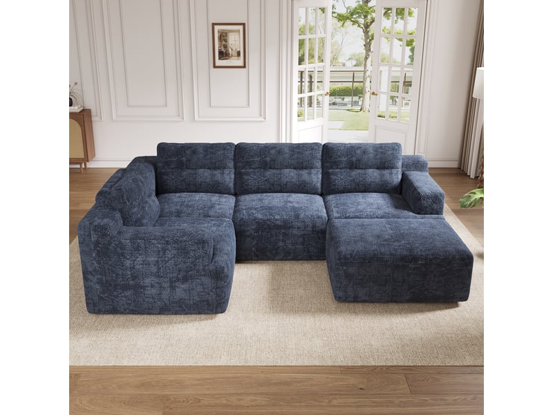  Canapé d’angle modulable en u ou l 252x180x82 cm, sans cadre ni montage, mousse intégrale haute résilience, avec appui-tête, chenille, bleu  - Conforama C