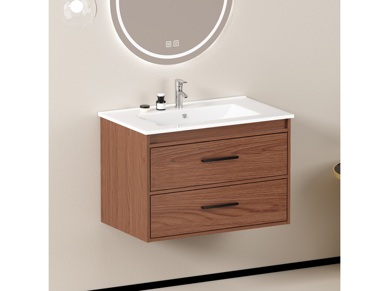  Armoire de salle de bain avec 2 tiroirs et rangement spacieux, pour salle de bain, en mdf brun rougeâtre, largeur 75 cm  - Conforama C
