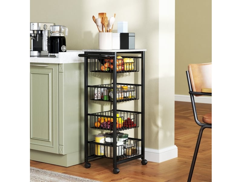  Chariot de cuisine 43x31x91 cm, avec ses 4 paniers extractibles, structure en acier et mdf, couleur gris clair et noir  - Conforama B