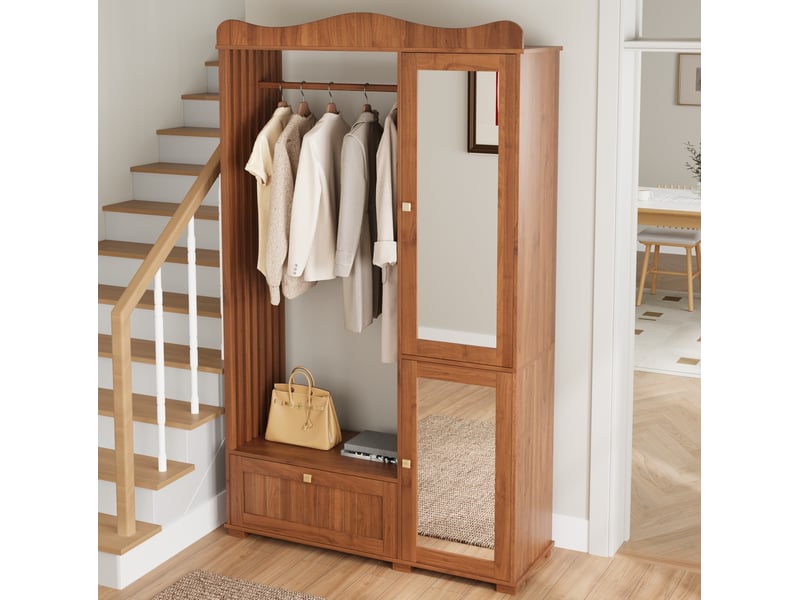  Armoire penderie ouverte 115,5x38,5x194,5 cm, miroir, 2 portes et tiroir, meubles de chambre, mdf, coloris de noyer  - Conforama D