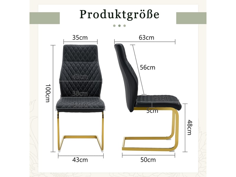  Chaises de salle à manger lot de 2 à dossier haut capitonné  - pieds antidérapants métal doré, simili cuir noir  - Conforama D