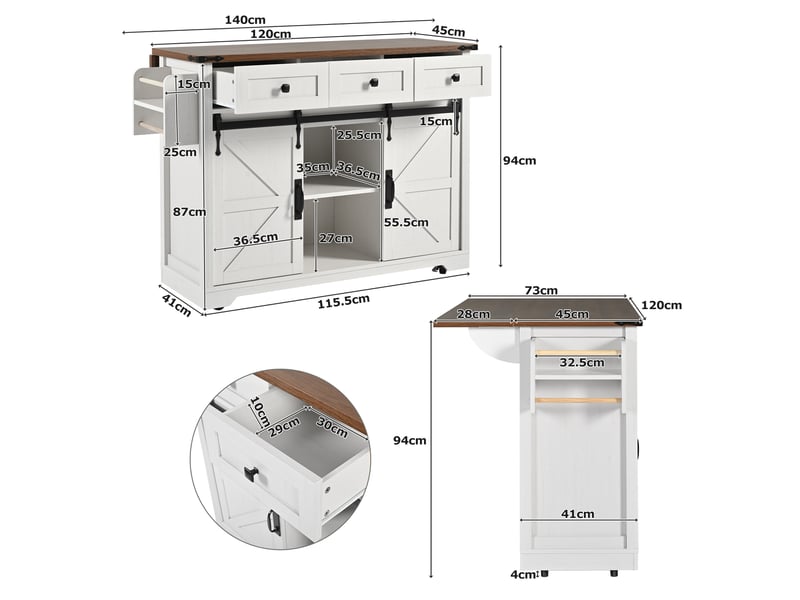 Îlot de cuisine avec plateau extensible 140cm, chariot de cuisine sur roulettes, meuble de rangement beige avec portes coulissantes - Conforama D