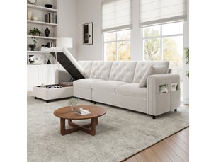 Canapé d'angle panoramique convertible <strong>SAPGAKS</strong> <strong></strong> 4 places Polyester beige avec coffre de rangement