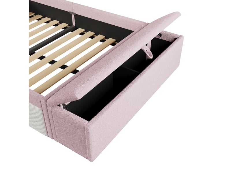  Lit enfant 140 x 190 cm avec barrières rembourrées, mini-escalier et banc coffre modulable, sans matelas, métal et mdf, velours - rose OMNIGLINT TRADING LTD - Conforama E
