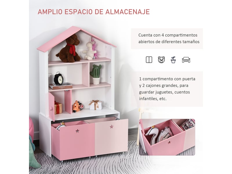  Bibliothèque enfant en bois, avec 4 compartiments, 1 porte et 2 tiroirs à roulettes pour livres et jouets, 80 x 34 x 130 cm, rose et blanc  - Conforama E