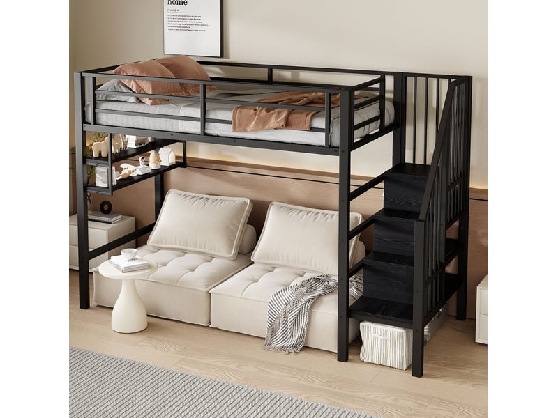  Lit mezzanine enfant 90 x 200 cm rangements intégrés échelle rangement espace jeu garde-corps métal noir sans matelas  - Conforama R