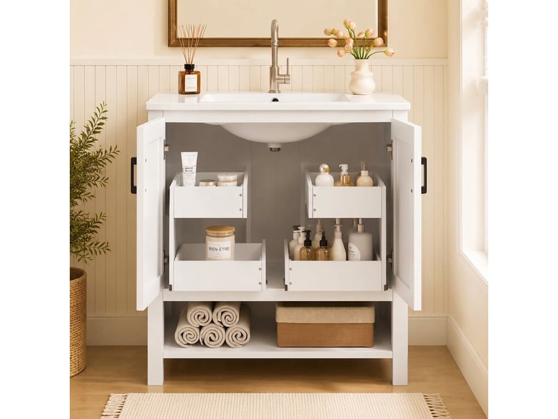  Meuble salle de bain sur pied 76x47x83 cm avec vasque en céramique intégrée et portes doubles blanc  - Conforama E
