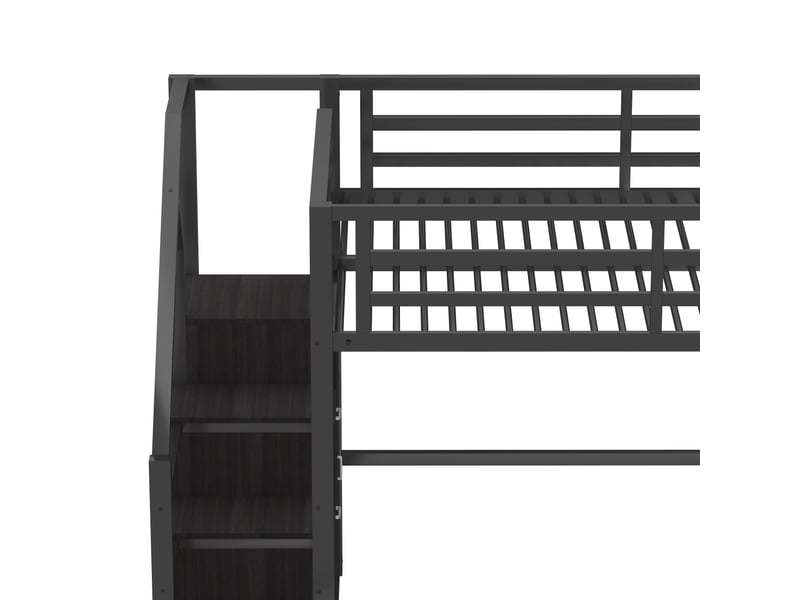 Lit mezzanine 140x200 cm noir, avec rangements, étagères, placard, penderie, escalier de rangement, led, structure métal, sommier inclus, sans matelas - Conforama E