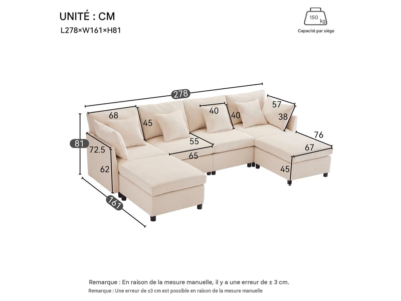  Canapé modulable 6 places en tissu chenille beige 278x161x81 cm N653P97714123A - Conforama C