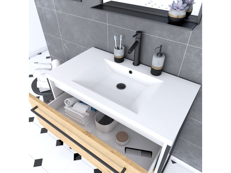  Pack meuble de salle de bain 80x50cm blanc - 2 tiroirs blanc - vasque blanche + miroir noir mat  - Conforama D