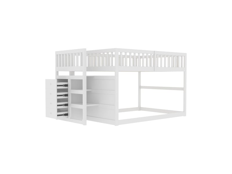  Lit enfant superposé 140 x 200 cm, structure bois, tiroirs de rangement et rambarde haute, blanc  - Conforama E