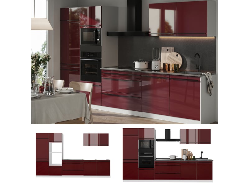  Vicco cuisine, rouge brillantblanc, 340cm plan de travail chêne doré  - Conforama D
