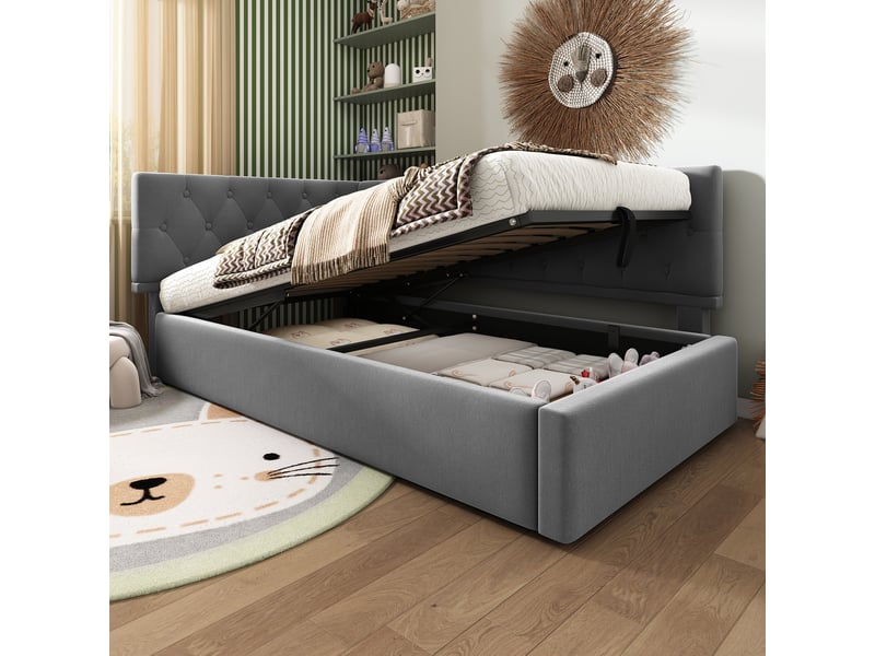  Lit banquette 200×90 cm avec rangement hydraulique, dossier réversible, sans matelas, en velours gris  - Conforama C