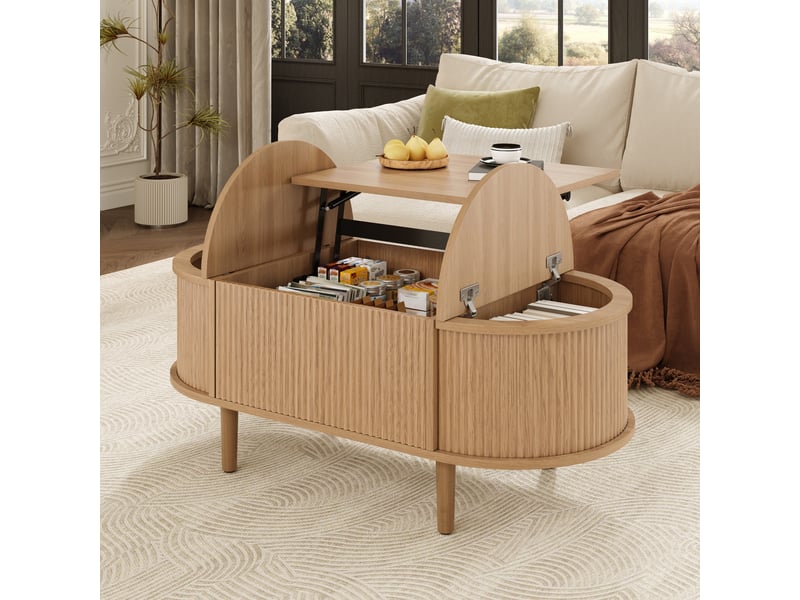  Table basse, à plateau relevable, avec rangement intégré, 100 x 48 x h 40–53,5 cm, bois naturel, structure en mdf, plateau ovale, style vintage Luxe haut de gamme - Conforama D