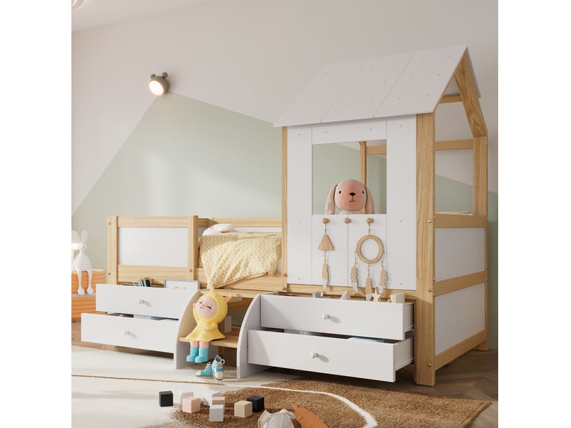  Lit enfant mi-hauteur 90x200 cm forme maison avec 4 tiroirs, blanc et naturel  - Conforama B