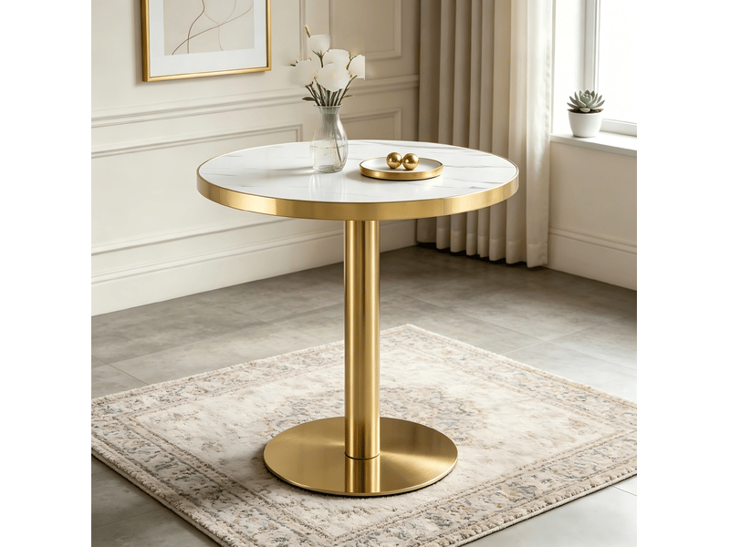  Table d’appoint ronde avec plateau effet marbre et revêtement uv, cadre doré, pour salon et chambre à coucher blanc  - Conforama B
